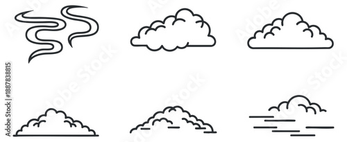 A collection of various cloud shapes and smoke swirls in minimalist outline vector style, ideal for weather-themed designs