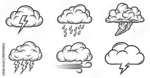 A collection of weather icons depicting clouds, lightning, rain, and storms in black and white outline vector style, ideal for weather-related projects