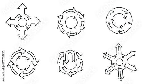 A collection of six directional arrows in outline vector style, ideal for navigation and process flow diagrams