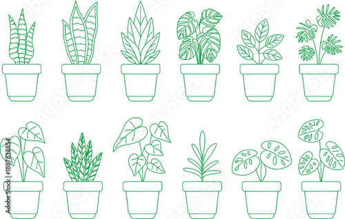 Collection of Potted Plants in Green Line Art Style Architectural drawing CAD design