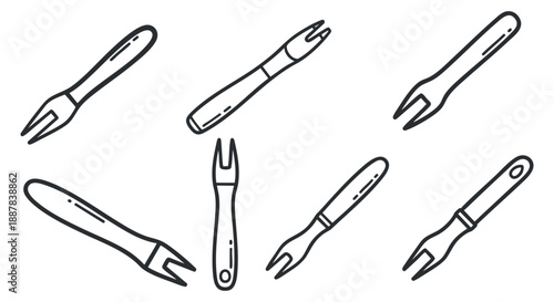 A collection of kitchen forks in black and white outline vector style, ideal for culinary design and restaurant branding