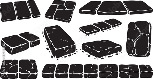 Collection of black stone bricks and pavers in various shapes