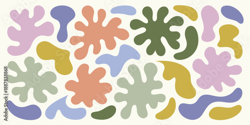 Abstract arrangement of colorful organic shapes and forms in a pleasing pattern