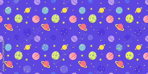 Colorful space pattern featuring planets stars and polka dots on purple background