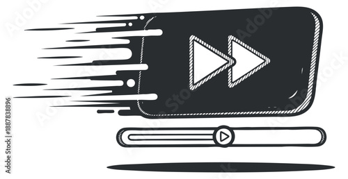 A fast forward video icon with motion lines in black and white minimalist vector style, suitable for multimedia applications