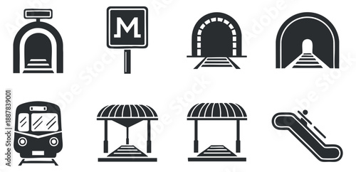A set of subway and transportation icons including train, station signs, tunnels, and escalators in flat black and white vector style, suitable for urban transport design