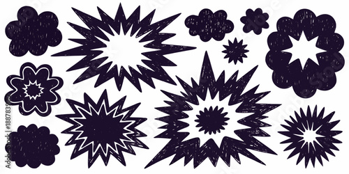Abstract floral and starburst shapes in a black and white doodle style