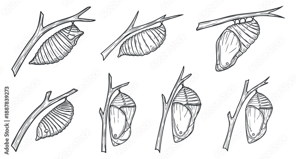 Fototapeta premium A collection of snail shells on branches in black and white outline vector style, suitable for nature-themed design projects