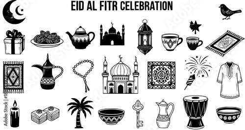 Eid al Fitr Celebration Icons: Islamic Mosque, Dates, Lanterns, Gifts, Rugs, Coffee Cups, Bird, Bird, Muslim Attire, Drums, Key, Candle, Palm Tree, Bowls, Firework, Arabic Coffee Pot