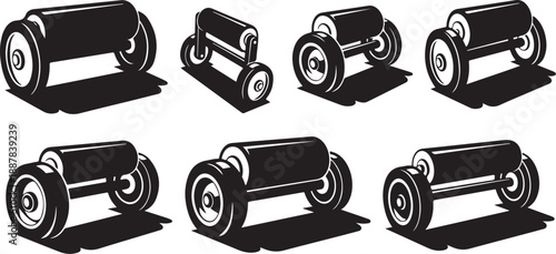 Black and white illustration of dumbbells in various positions