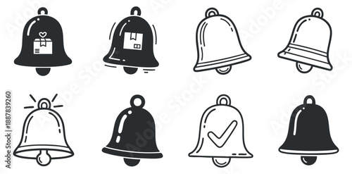 A collection of nine different bell icons in black and white outline vector style, suitable for notifications and alerts