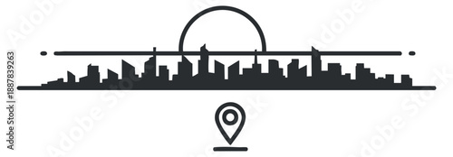 A minimalist city skyline illustration with a location pin and sun in black and white vector style, ideal for travel and navigation projects