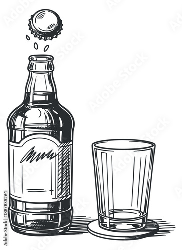 A vintage sketch of a beer bottle with a cap popping off next to a glass in black and white vector style, ideal for bar menus and beverage branding