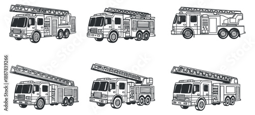 A collection of outline fire trucks and ladder trucks in black and white vector style, suitable for emergency services graphics