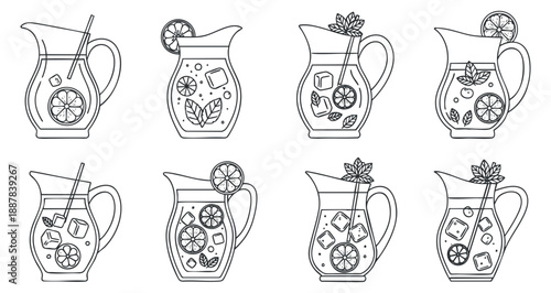 A collection of eight outline vector illustrations of pitchers filled with refreshing beverages, ideal for summer menus and drink recipes