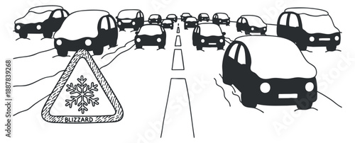 A collection of snow-covered cars stuck in traffic during a blizzard, illustrated in minimalist black and white vector style, ideal for winter weather warnings and safety graphics