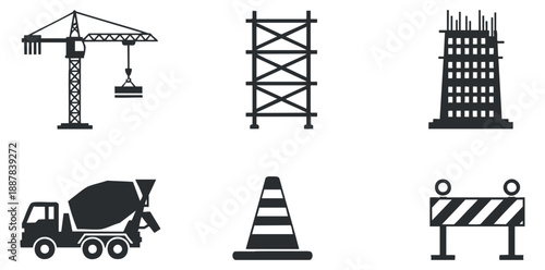 A set of construction icons including a crane, cement truck, safety cone, and building in black geometric vector style, ideal for construction industry projects