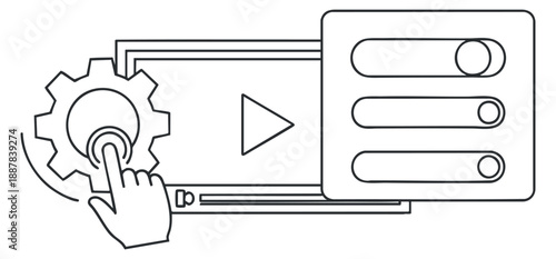 A hand interacting with a gear and video player controls in minimalist outline vector style, ideal for user interface design