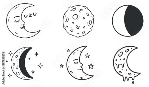 A collection of moon illustrations including crescent shapes, a full moon, and star motifs in black and white outline vector style, ideal for creative projects and designs