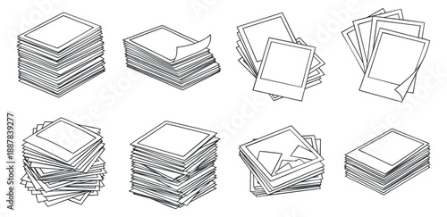 A collection of stacked paper sheets and blank photo frames in clean outline vector style, suitable for design and stationery projects