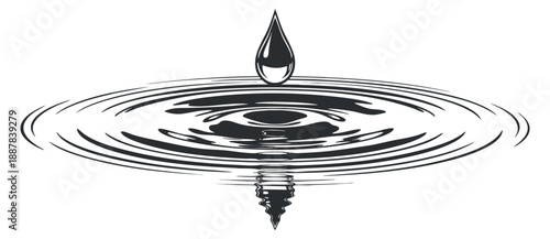 A stylized water drop creating ripples in black and white minimalist vector style, suitable for environmental and design projects
