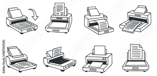 A collection of various printer icons in black and white line art vector style, suitable for technology and office design projects