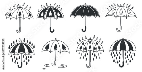 A collection of eight umbrella icons in black and white vector style, perfect for weather-related designs and illustrations