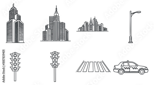 A collection of urban elements including skyscrapers, traffic lights, crosswalks, and a taxi in outline vector style, suitable for city planning and design projects