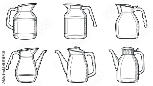 A collection of six different pitchers and jugs in minimalist black and white outline vector style, ideal for kitchenware branding