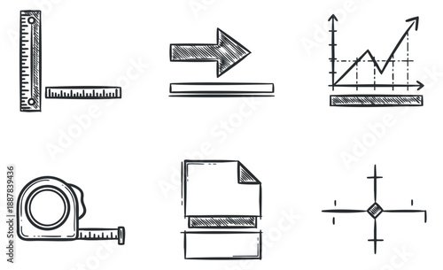 A collection of measuring tools and symbols including a ruler, arrow, graph, and tape measure in a hand-drawn sketch style, ideal for engineering and design projects