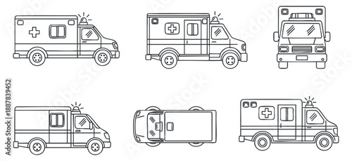 A set of six ambulance illustrations in black and white outline vector style, suitable for healthcare and emergency service designs