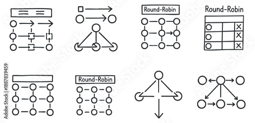 A collection of round-robin diagrams featuring various connection styles and layouts in minimalist black outline vector style, suitable for educational materials and presentations
