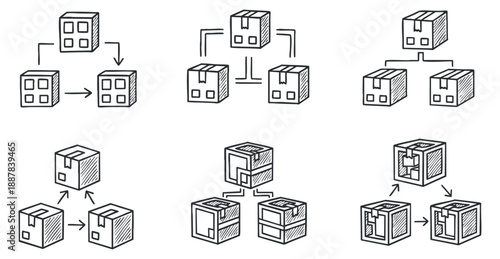 A collection of outlined box icons illustrating logistics and delivery processes in minimalist vector style, ideal for packaging and shipping design.