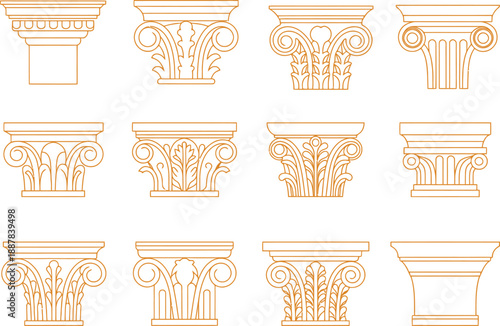 Ancient Greek Column Designs in Gold Outline Architectural drawing CAD design