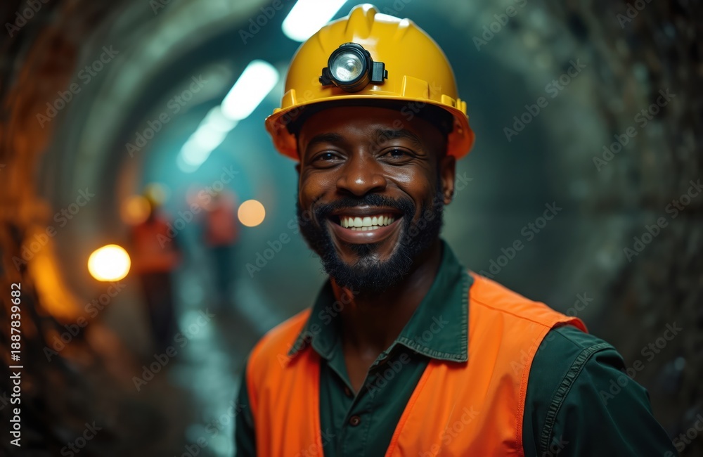 Fototapeta premium Black man miner smiles wearing yellow hard hat with headlamp in dark mine tunnel. He wears orange safety vest and green shirt. Workers in background, blurred.
