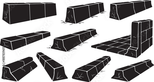 Collection of black stone blocks in various orientations