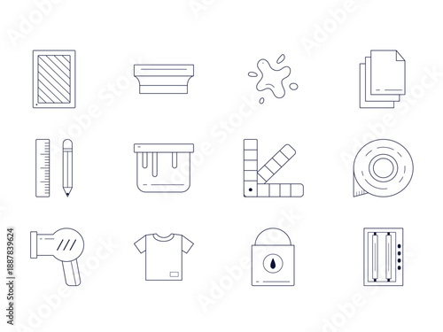 Collection of minimal linear vector icons related to the screen printing process, workshop tools, apparel production, and equipment isolated on white background.