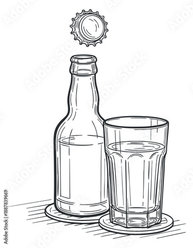 A sketch of a beer bottle and a glass in outline vector style, ideal for bar and restaurant designs