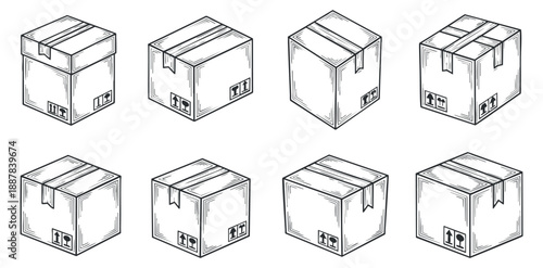 A set of eight outlined cardboard boxes in various angles and positions in simple vector style, suitable for logistics and shipping designs