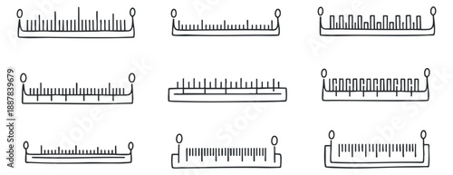 A set of nine simple outline rulers in minimalist black and white vector style, perfect for educational and design projects