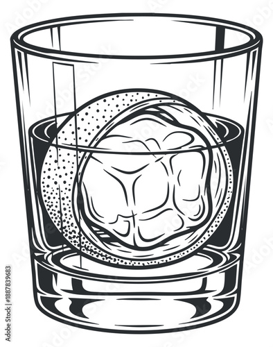 A glass of whiskey with an ice cube in outline vector style, suitable for bar menus and cocktail designs
