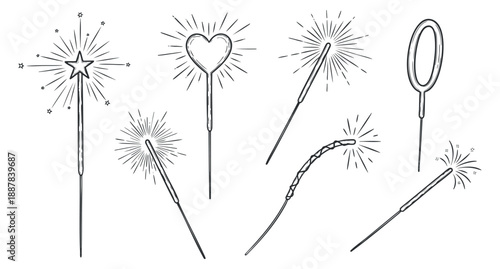A collection of sparkler illustrations in outline vector style, featuring star, heart, and circular shapes, ideal for festive events and celebrations