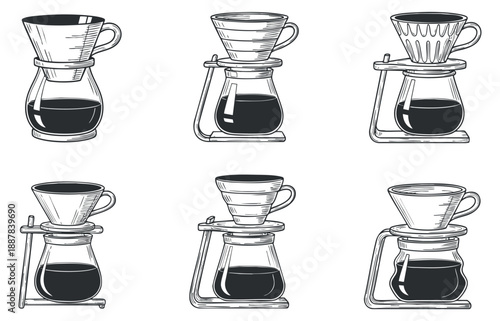 A set of coffee brewing equipment illustrations including various drippers and jars in black and white minimalist vector style, suitable for cafe branding and beverage design