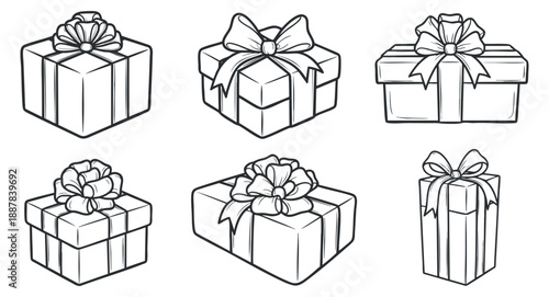 A collection of six outlined gift boxes with ribbons and bows in minimalist vector style, ideal for holiday and celebration designs