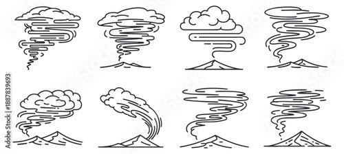 A collection of volcanic eruption illustrations featuring smoke and clouds in minimalist outline vector style, suitable for educational materials and environmental design