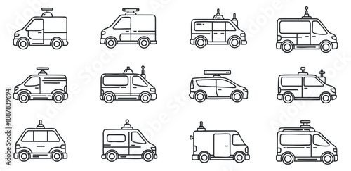 A set of emergency service vehicles including ambulances, police vans, and fire trucks in clean outline vector style, suitable for public safety graphics