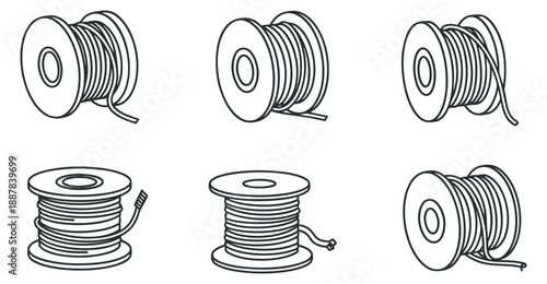 A set of wire spools with coiled cables in black and white outline vector style, perfect for technical illustrations and design projects