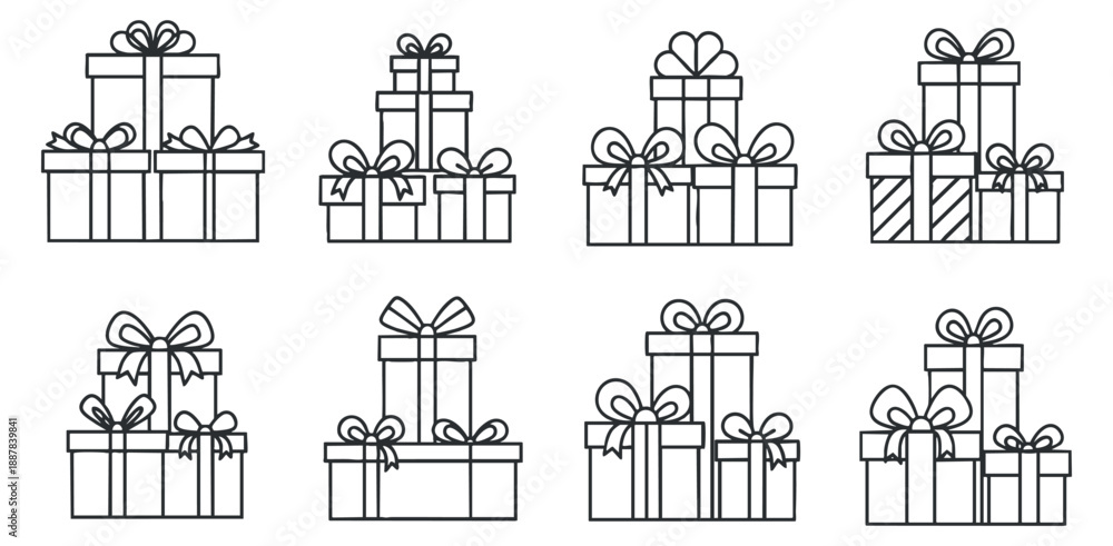 Naklejka premium A collection of various gift boxes with ribbons and bows in black and white outline vector style, perfect for holiday designs