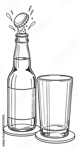 A bottle with a cap popping off and a glass beside it in minimalist outline vector style, ideal for bar and restaurant themes