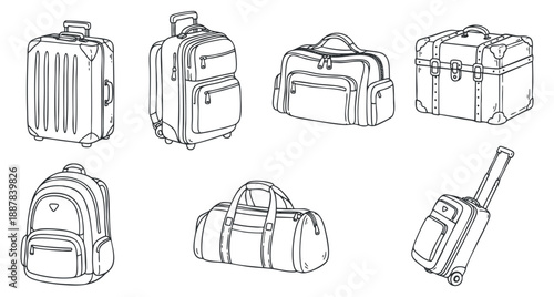 A collection of various travel bags and suitcases in outline vector style, perfect for travel-related design projects